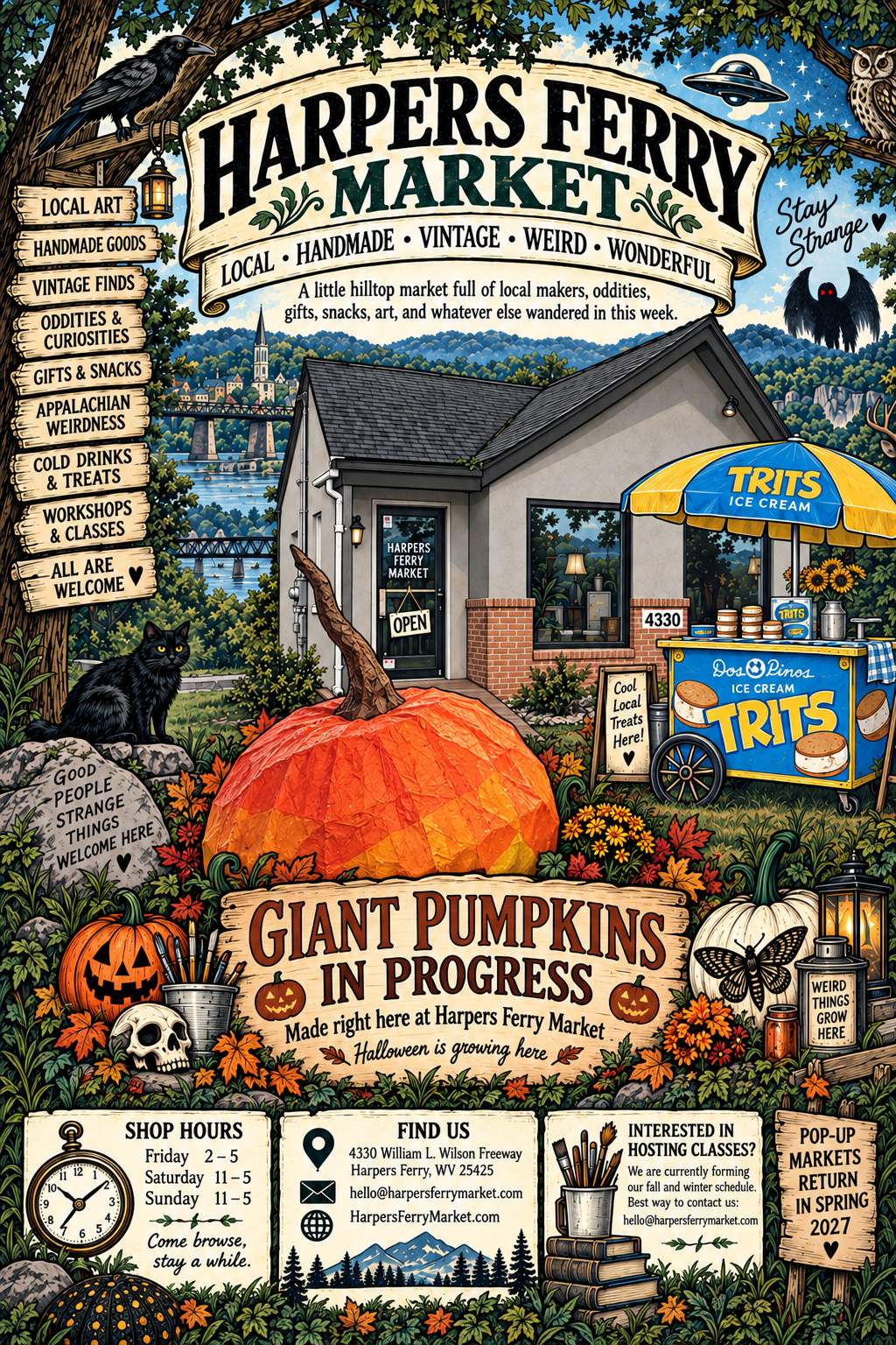 Illustrated guide to Harpers Ferry Market with shop information, giant pumpkins in progress, Trits ice cream, classes, hours and local details
